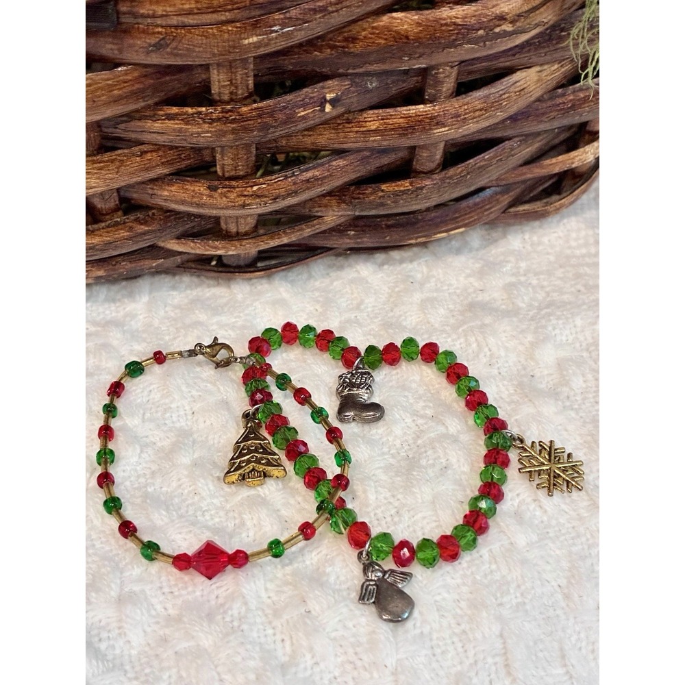 Christmas Bracelet Lot Red Green Beaded Angel Tree Snowflake Holiday Jewelry